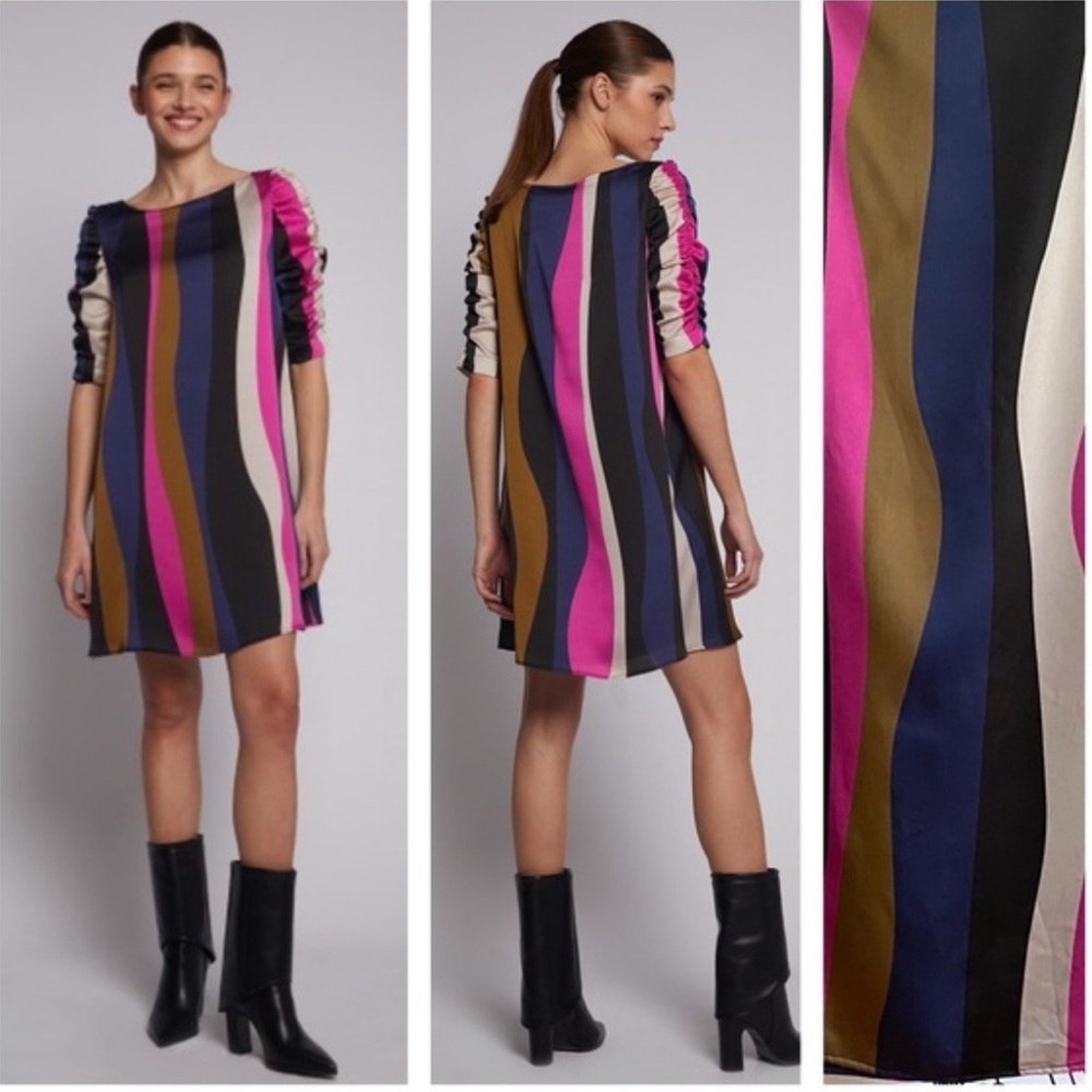 VILAGALLO Manon Colorful Stripe Crepe Print Mini Dress 40